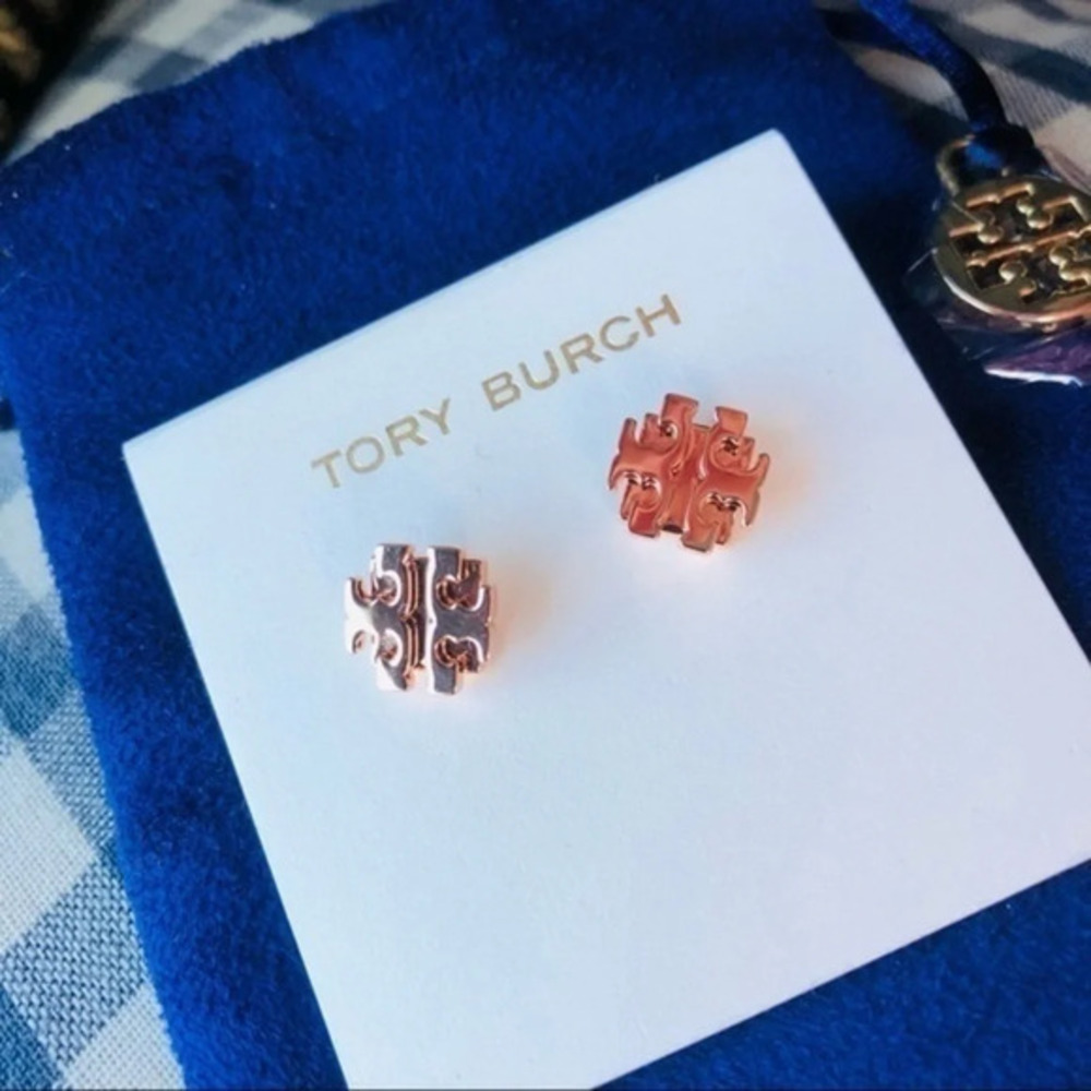Tory Burch Rose Gold Logo Stud Earrings Designer Jewelry NWT
